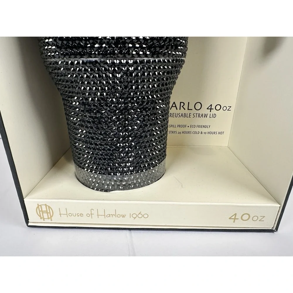 House of Harlow 1960 Arlo 40oz Black Rhinestone Tumbler Cup Handle Straw Lid New