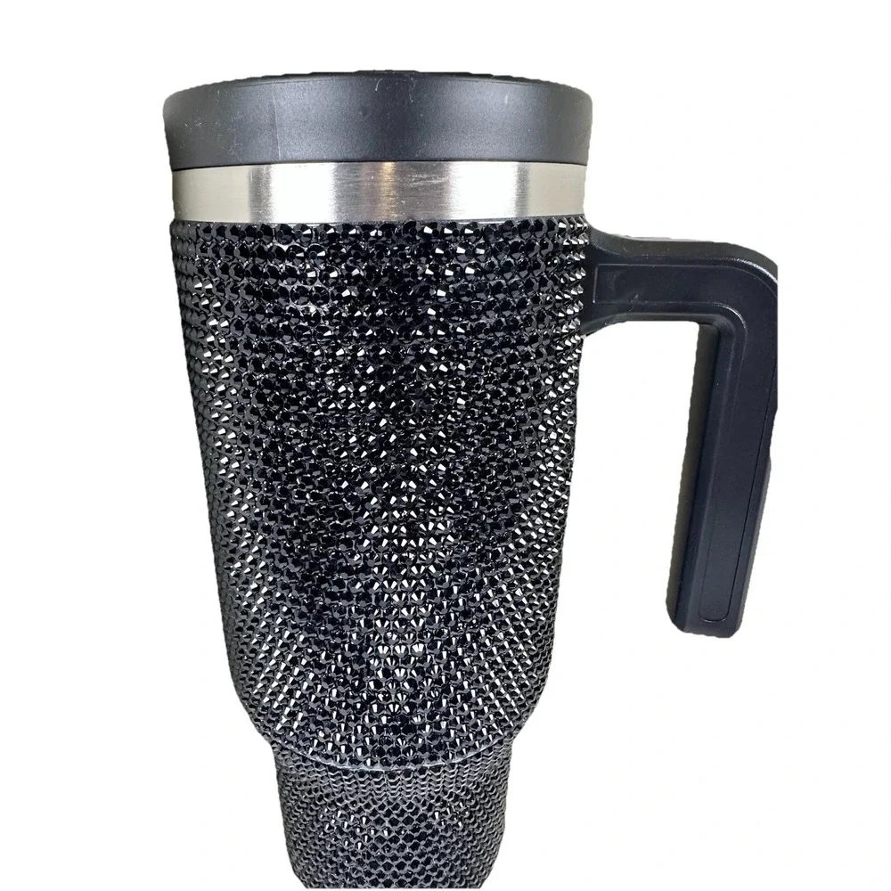 House of Harlow 1960 Arlo 40oz Black Rhinestone Tumbler Cup Handle Straw Lid New