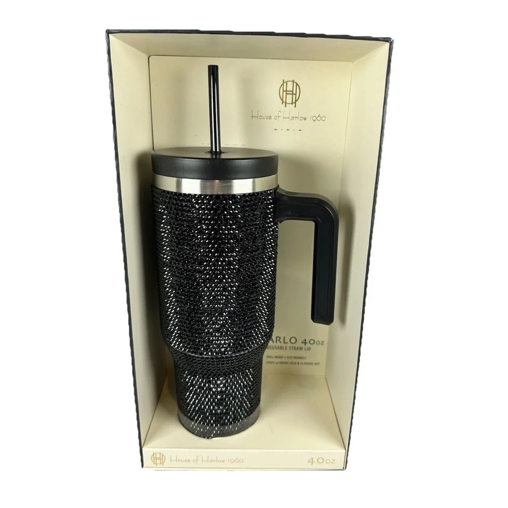 House of Harlow 1960 Arlo 40oz Black Rhinestone Tumbler Cup Handle Straw Lid New