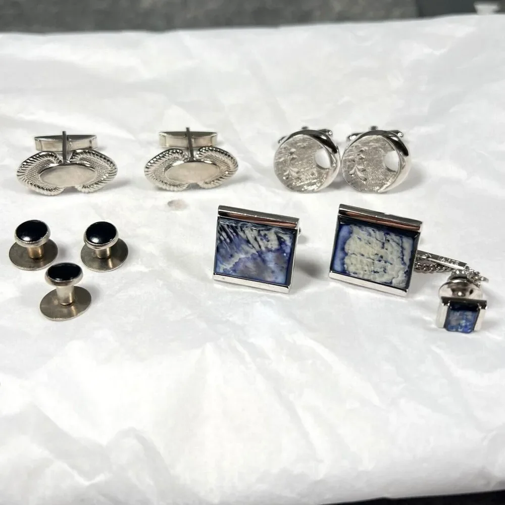 Vintage Silver Tone Mens Cufflinks Tie Tack Tuxedo Shirt Studs Jewelry Lot 7pc