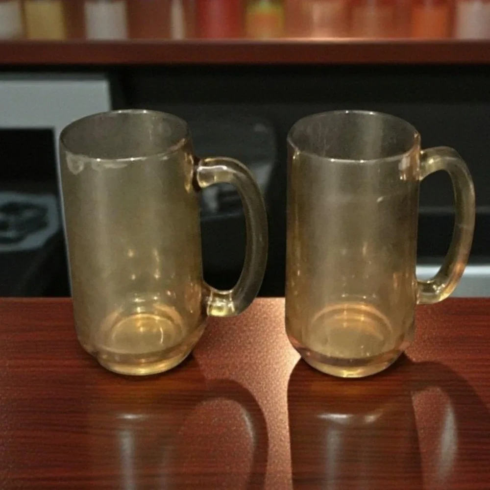 Hazel‎ Atlas Amber Beer Mugs, Set of 2, Vintage Stackable Glasses, Glass Steins