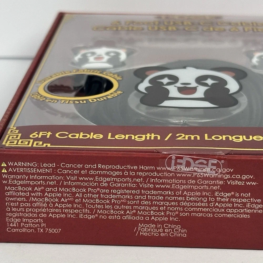 iEdge Panda USB C Cable 6FT 60W Fast Charging Braided Charger Cord Cute