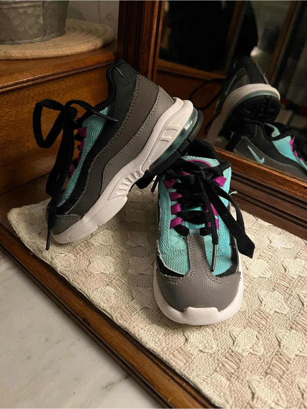 NIKE Little Air Max 95 Mesh Leather Athleisure Sneakers Black Teal Toddler Sz 8C