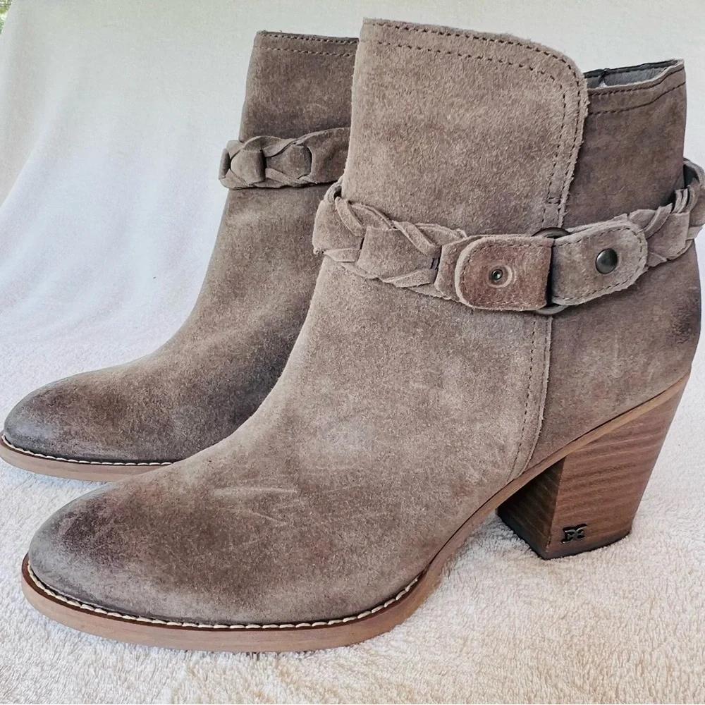 SAM EDELMAN BURNISHED SUEDE WESTERN ANKLE BOOTIES MUSHROOM TAUPE SIZE 9 NWT