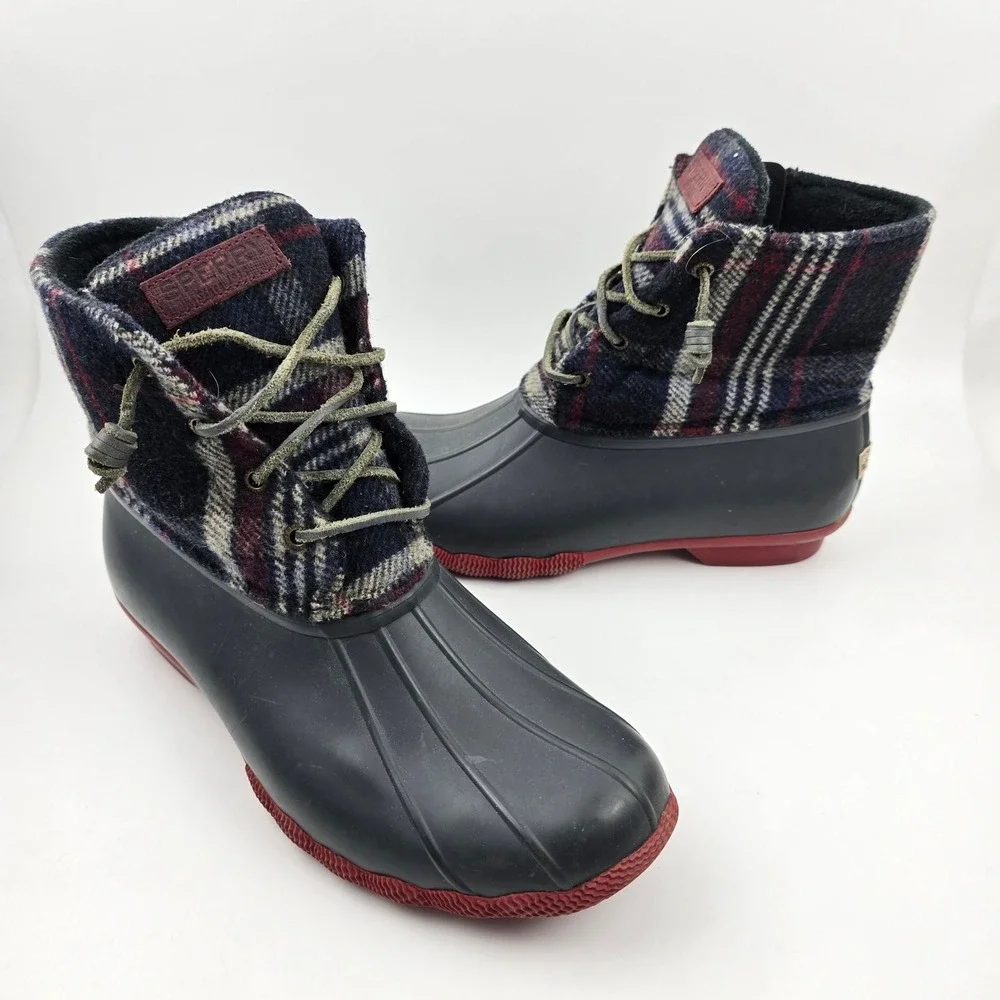 Sperry Saltwater‎ Duck Boots Womens 10 M Blue Red Wool Plaid Waterproof Rubber