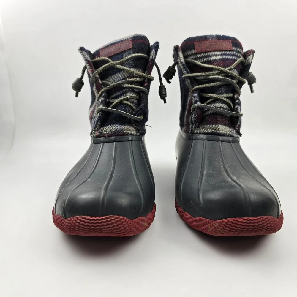 Sperry Saltwater‎ Duck Boots Womens 10 M Blue Red Wool Plaid Waterproof Rubber