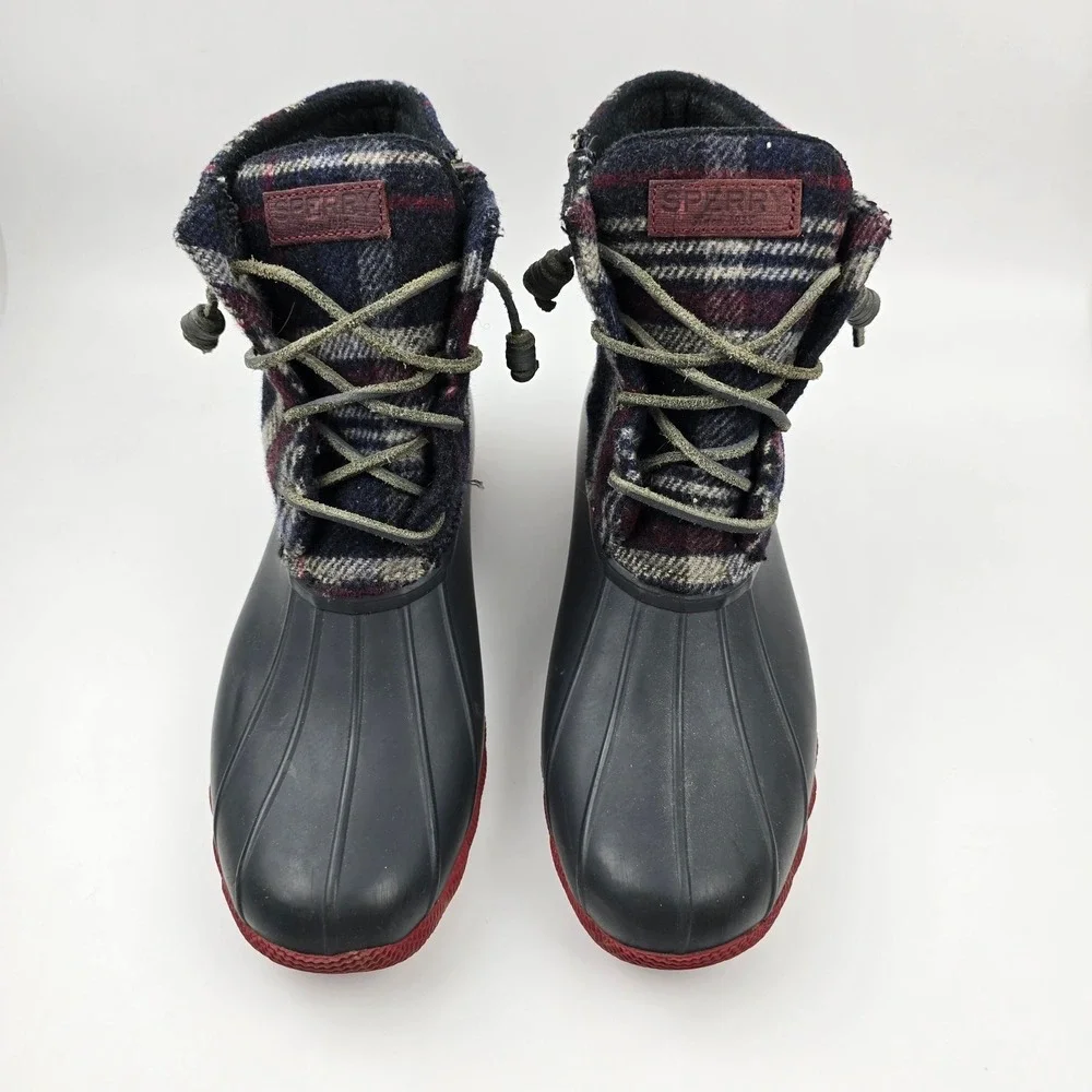 Sperry Saltwater‎ Duck Boots Womens 10 M Blue Red Wool Plaid Waterproof Rubber