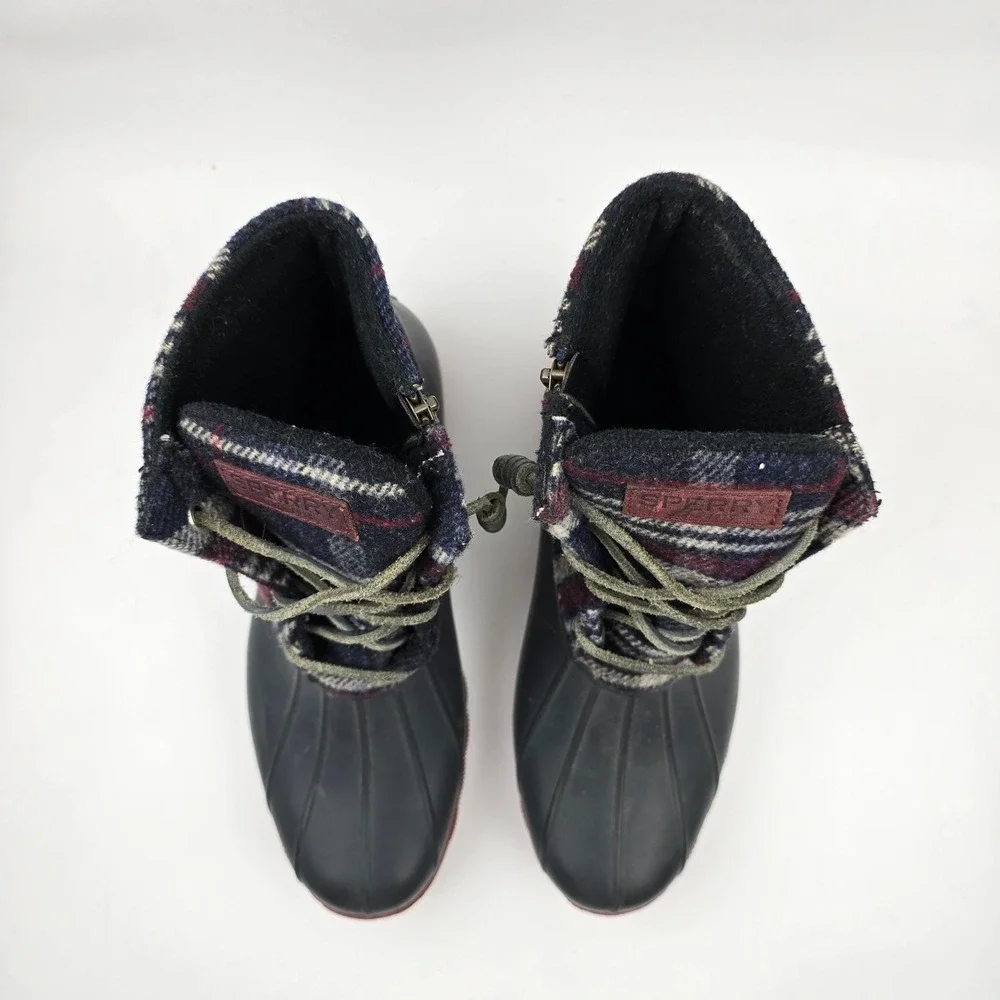 Sperry Saltwater‎ Duck Boots Womens 10 M Blue Red Wool Plaid Waterproof Rubber