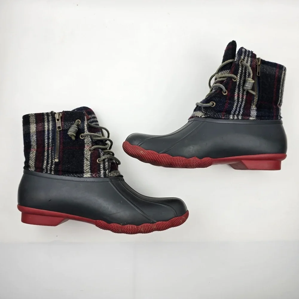 Sperry Saltwater‎ Duck Boots Womens 10 M Blue Red Wool Plaid Waterproof Rubber
