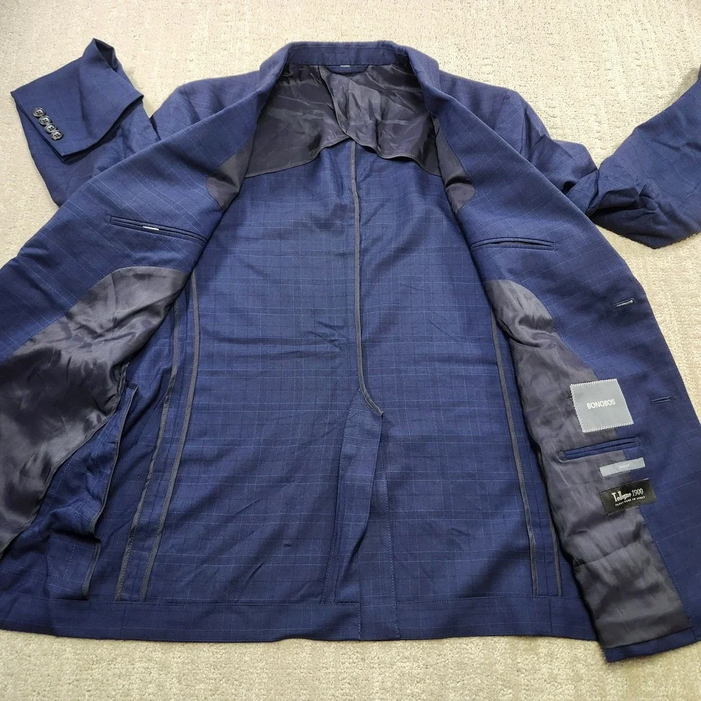 Bonobos Tollegno 1900 Blazer Jacket Mens 40R Slim Fit Blue Plaid Windowpane Wool