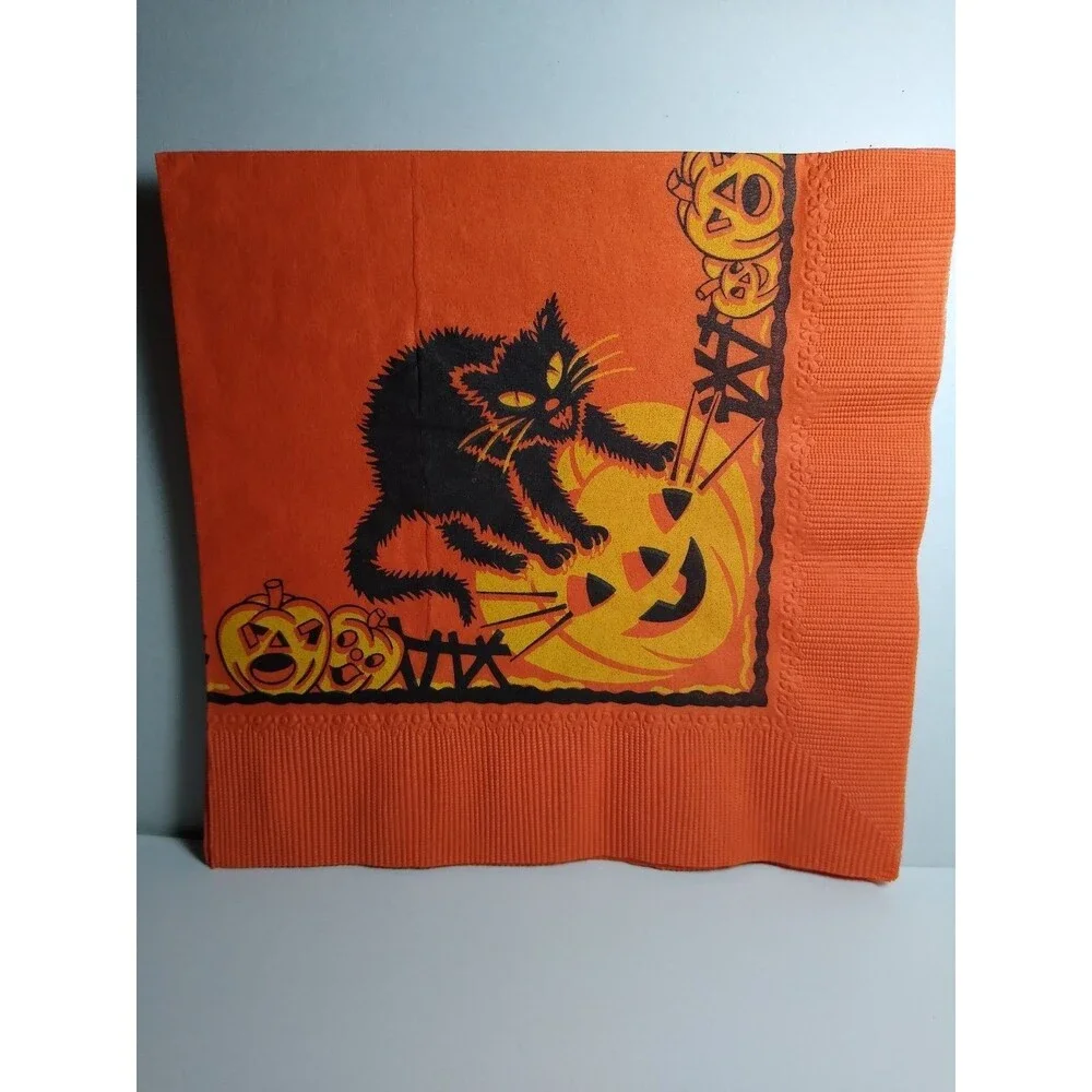 Vintage Halloween Paper Napkin Black Cat Jack-O-Lanterns Pumpkins 6.5 x 6.5 Inch