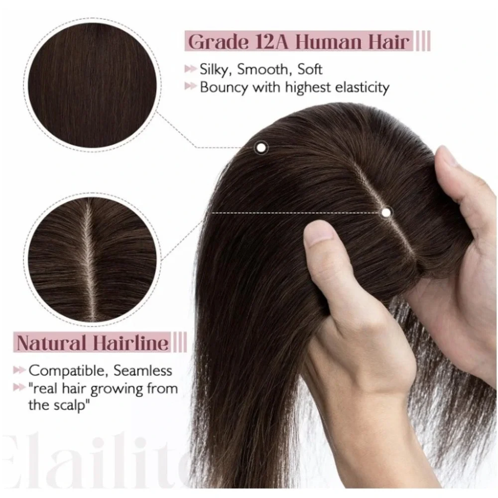 Real Human Hair Topper Women 6in Dark Brown Silk Base Clip In Hairpiece Brunette