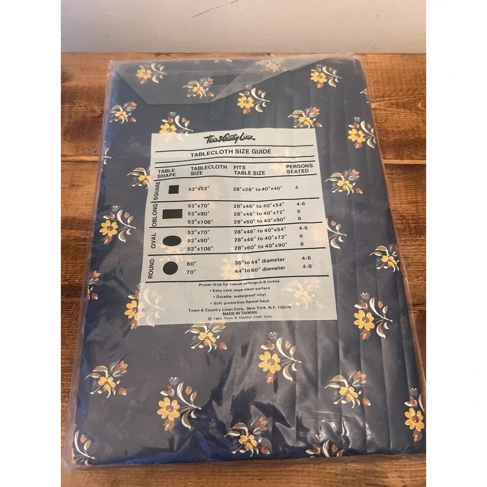 Vintage Fall Vinyl tablecloth Flannel Navy Floral Round NY USA