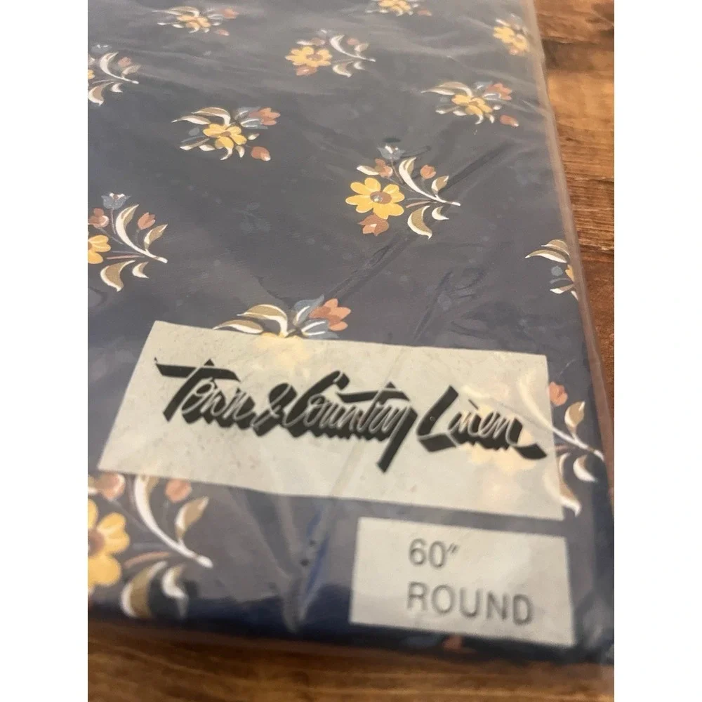 Vintage Fall Vinyl tablecloth Flannel Navy Floral Round NY USA