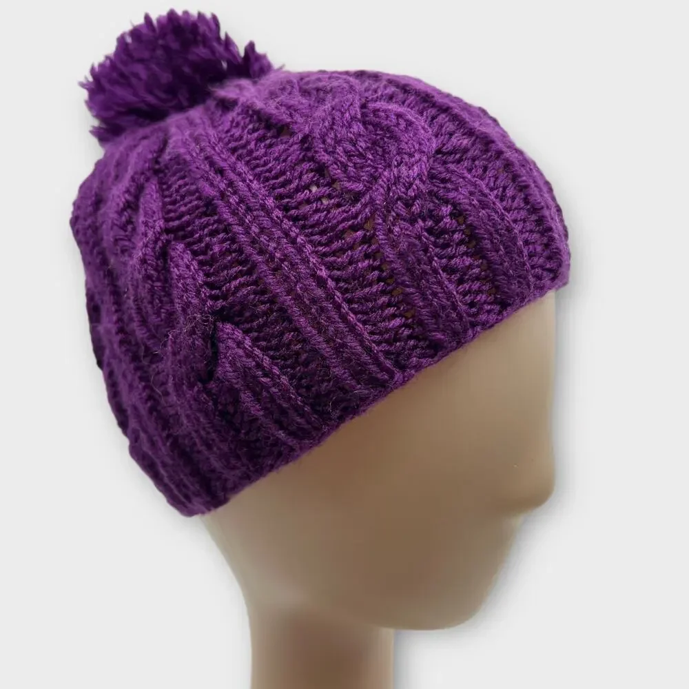 Cable Knit Woven Chunky Purple Beanie Knit Pom Pom‎ Winter Hat Boho Outdoors XS