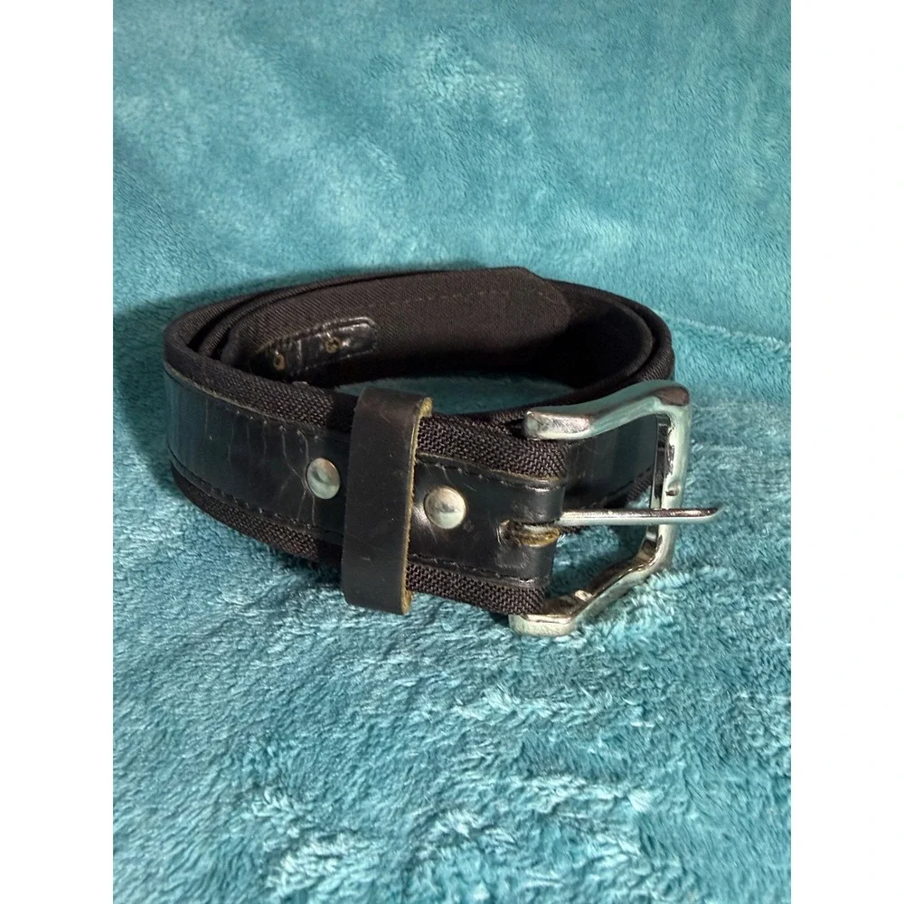 Mens‎ Black Canvas and Faux Leather Belt Silver Buckle Casual Workwear Accessory