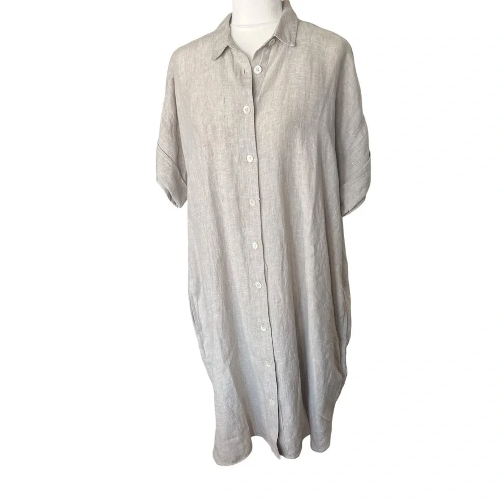 Button-Front Tie Waist Linen Dress in Light Beige