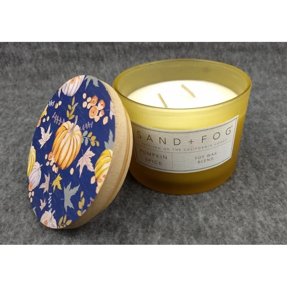 SAND + FOG Pumpkin Spice Candle Soy Wax‎ Blend Cotton Dbl Wicks Wood Art Lid NEW