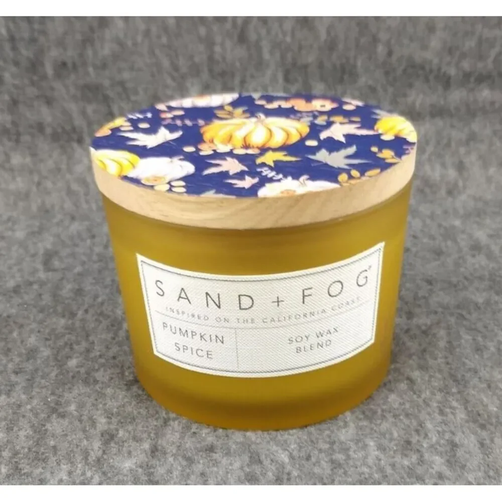 SAND + FOG Pumpkin Spice Candle Soy Wax‎ Blend Cotton Dbl Wicks Wood Art Lid NEW