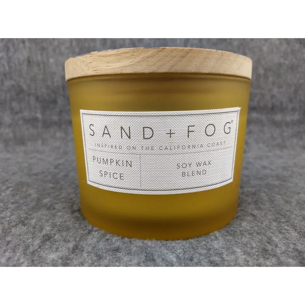 SAND + FOG Pumpkin Spice Candle Soy Wax‎ Blend Cotton Dbl Wicks Wood Art Lid NEW