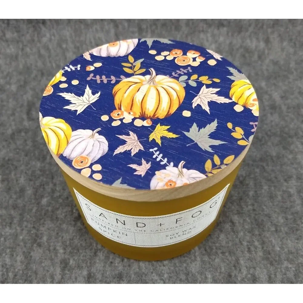 SAND + FOG Pumpkin Spice Candle Soy Wax‎ Blend Cotton Dbl Wicks Wood Art Lid NEW