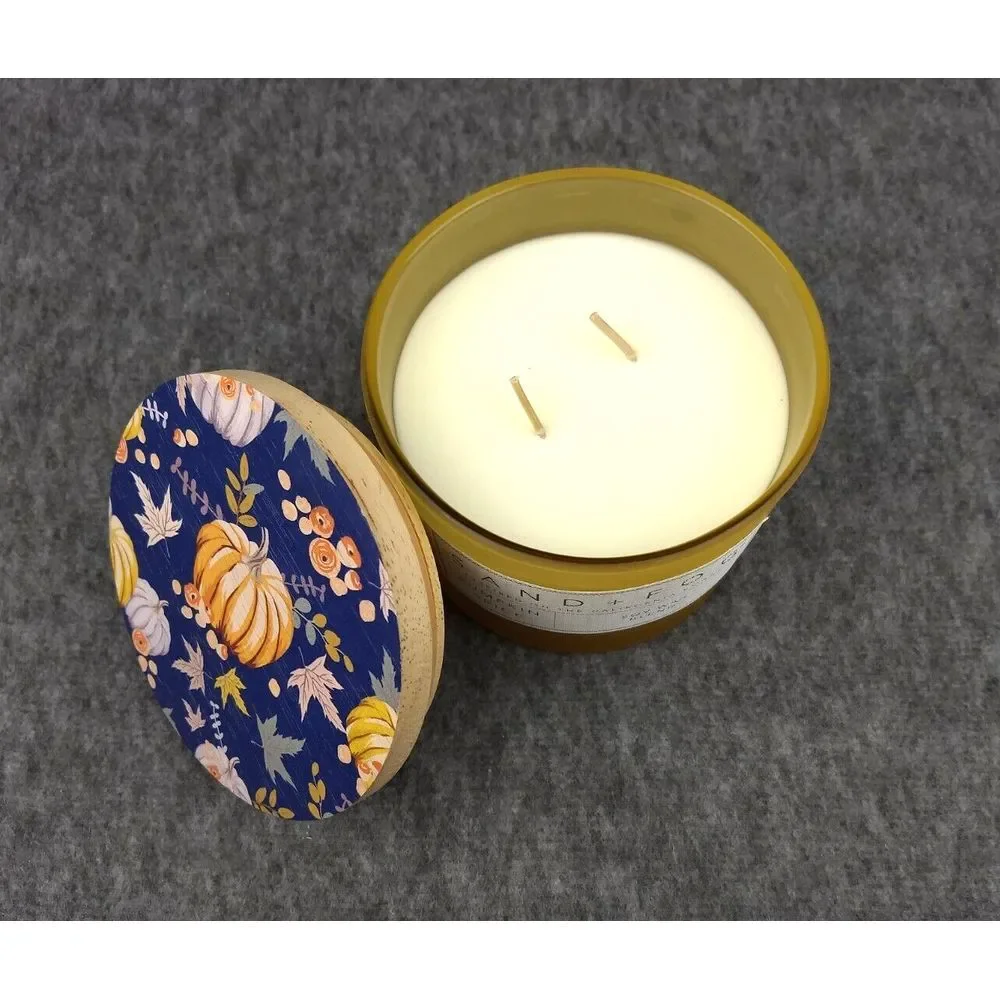 SAND + FOG Pumpkin Spice Candle Soy Wax‎ Blend Cotton Dbl Wicks Wood Art Lid NEW