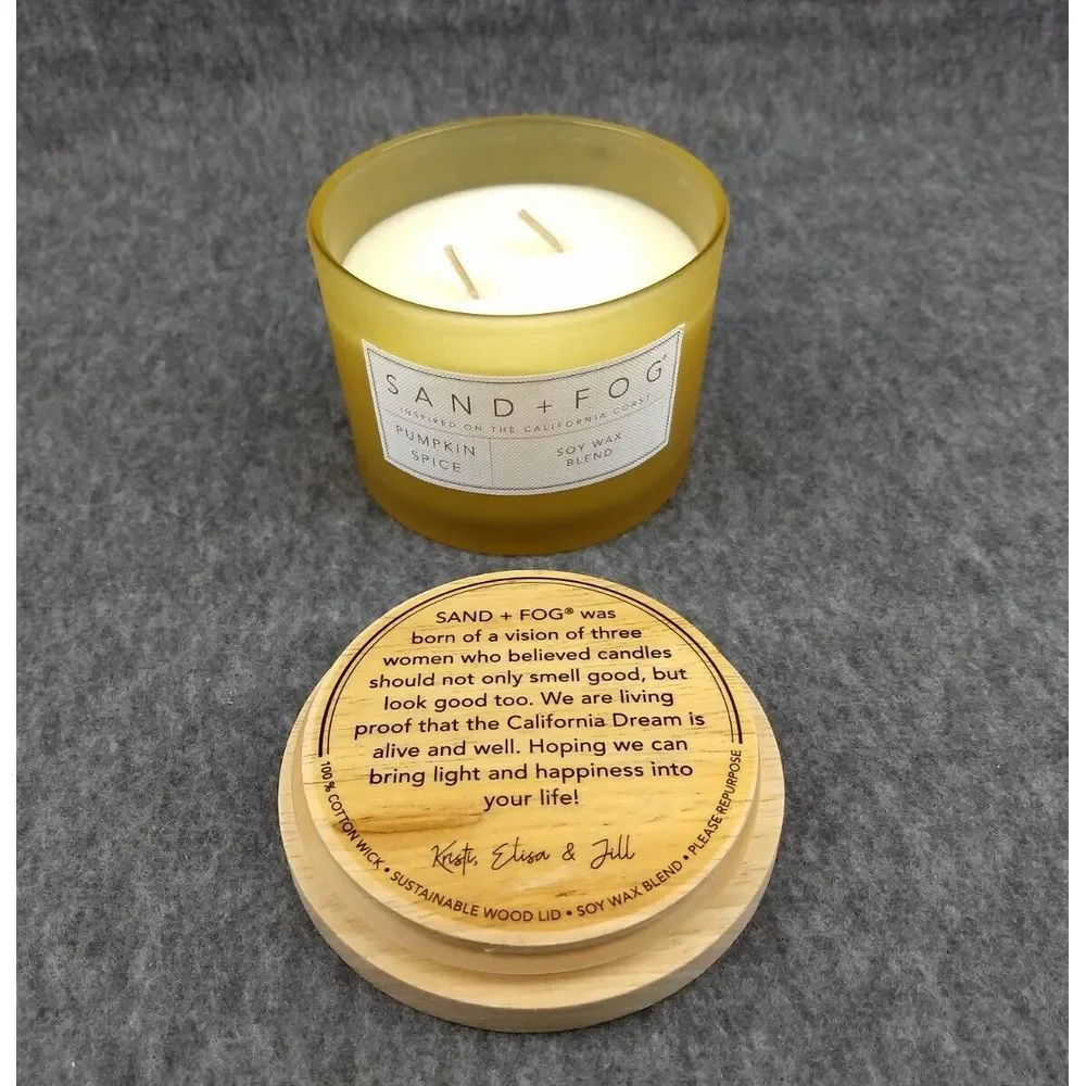 SAND + FOG Pumpkin Spice Candle Soy Wax‎ Blend Cotton Dbl Wicks Wood Art Lid NEW