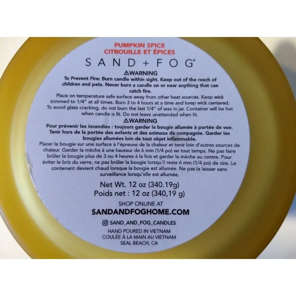SAND + FOG Pumpkin Spice Candle Soy Wax‎ Blend Cotton Dbl Wicks Wood Art Lid NEW