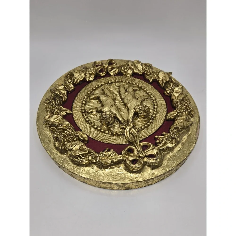 Vintage Cherub Wall Art Gold Gilt Plastic Florentine‎ Style Relief Plaque Decor