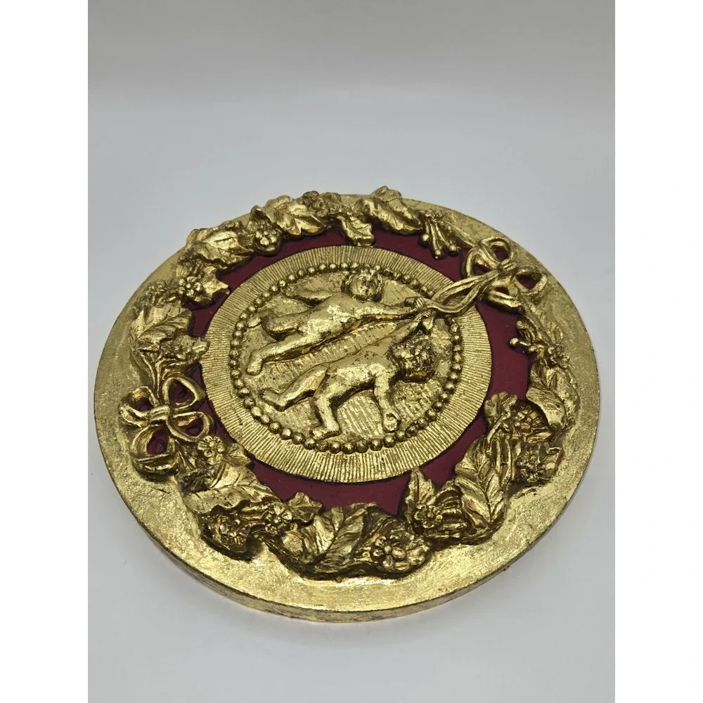Vintage Cherub Wall Art Gold Gilt Plastic Florentine‎ Style Relief Plaque Decor