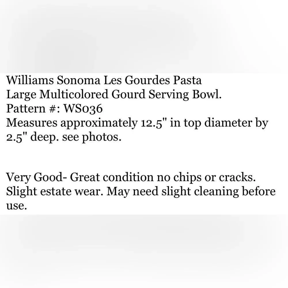 Williams Sonoma Serving Bowl Les Gourdes Made Portugal 13 In Round 2 1/2 In Tall