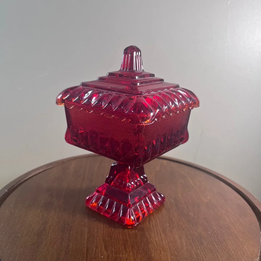 Vtg Jeanette Ruby Red Glass Wedding Cake Box Dish Lidded Footed Pedestal 6.5in