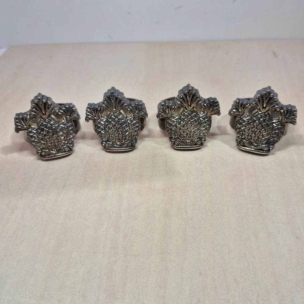 Set of 4 Silver Tone Pineapple Napkin‎ Rings Elegant Table Decor