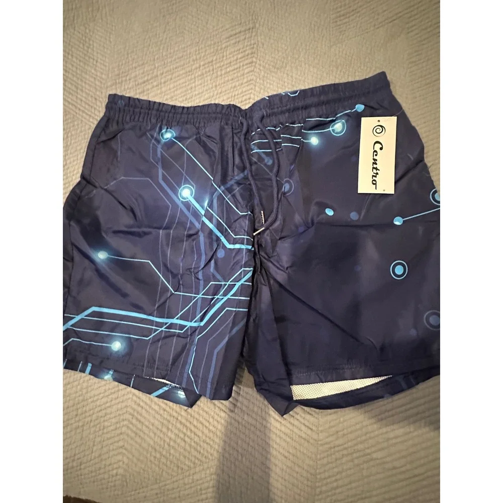 Centro Mens Swim Trunks XL Blue Digital Circuit Board Mesh Lined Shorts NWT