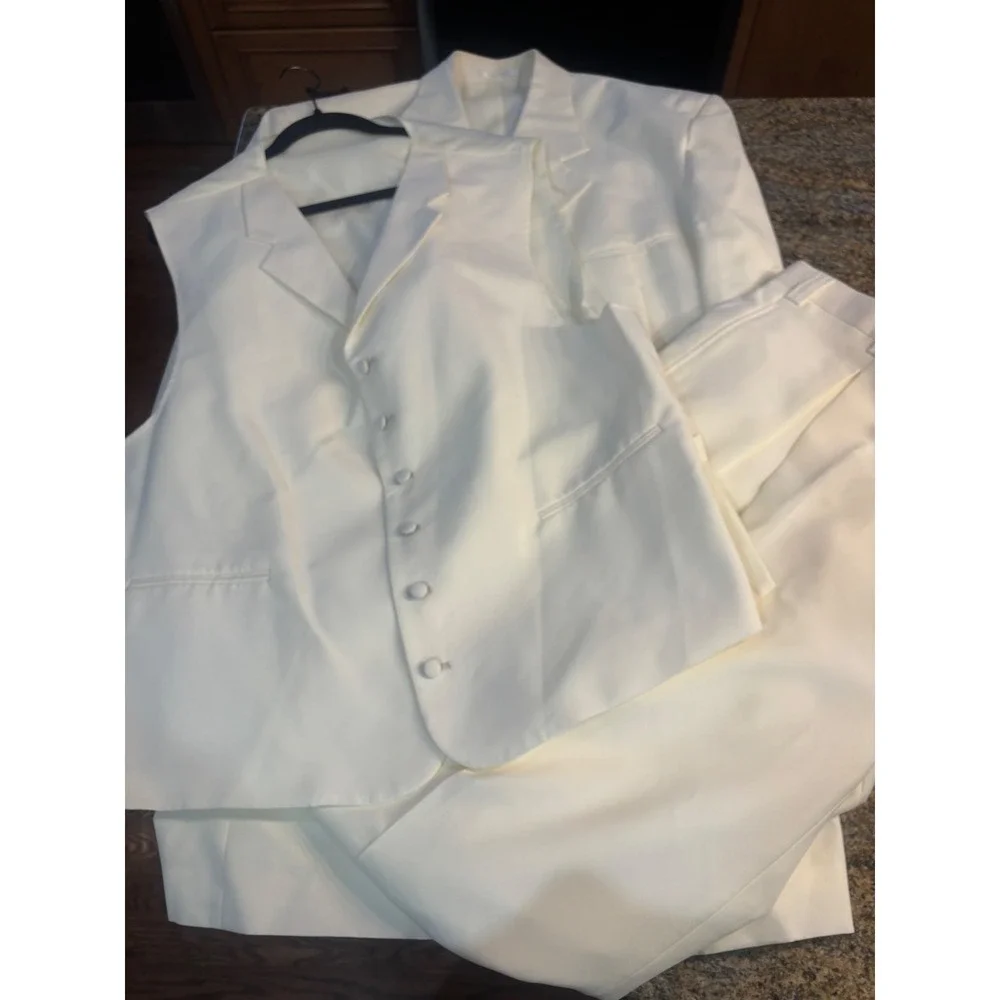 3 Piece Falcone Curtis Vested Suit 50L W45 Ivory‎ Polyester Formal Mens Raw Hem