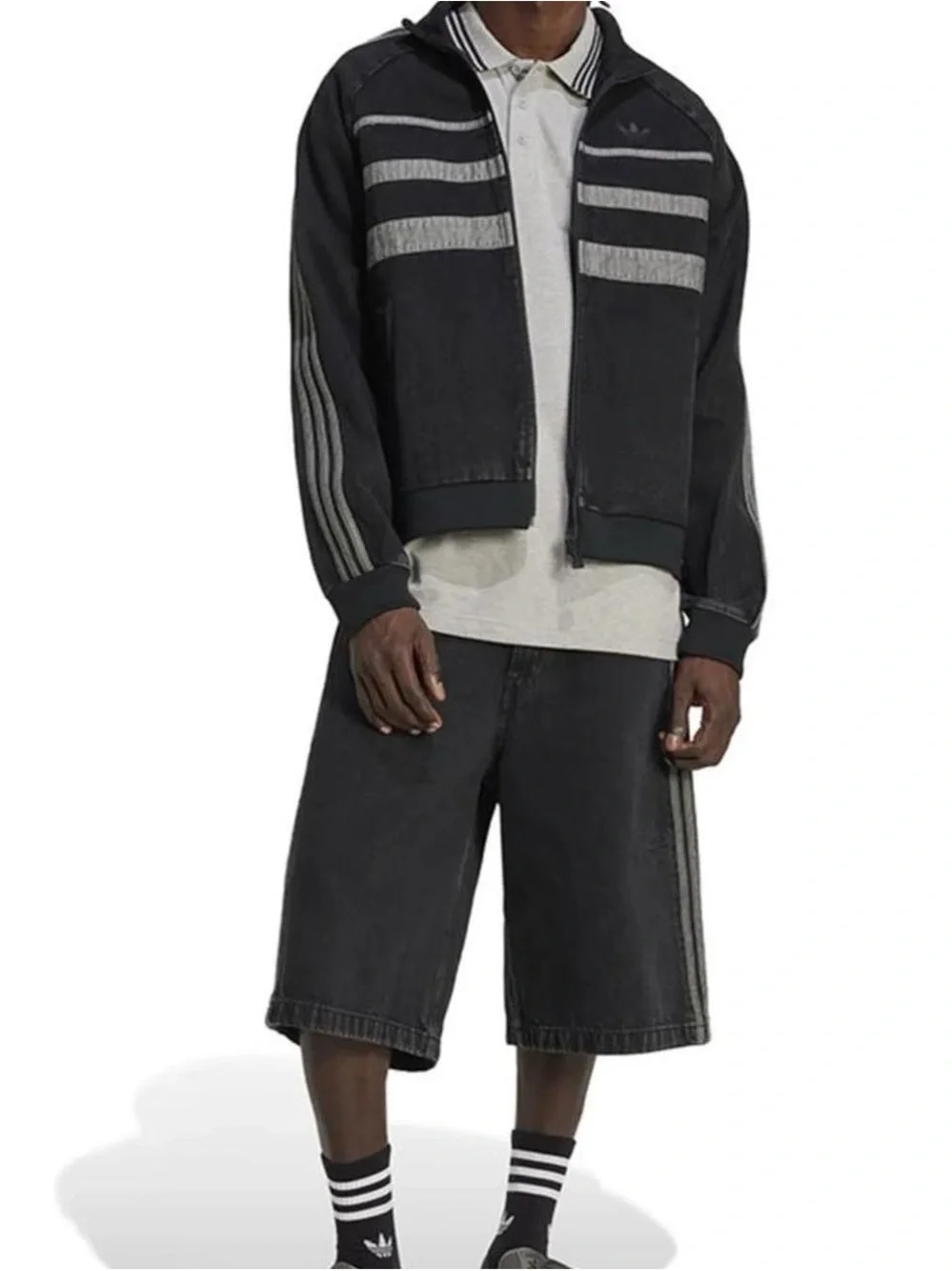 Brand New adidas Japan Black Washed Denim-Look Track Jacket with Gray Stripes