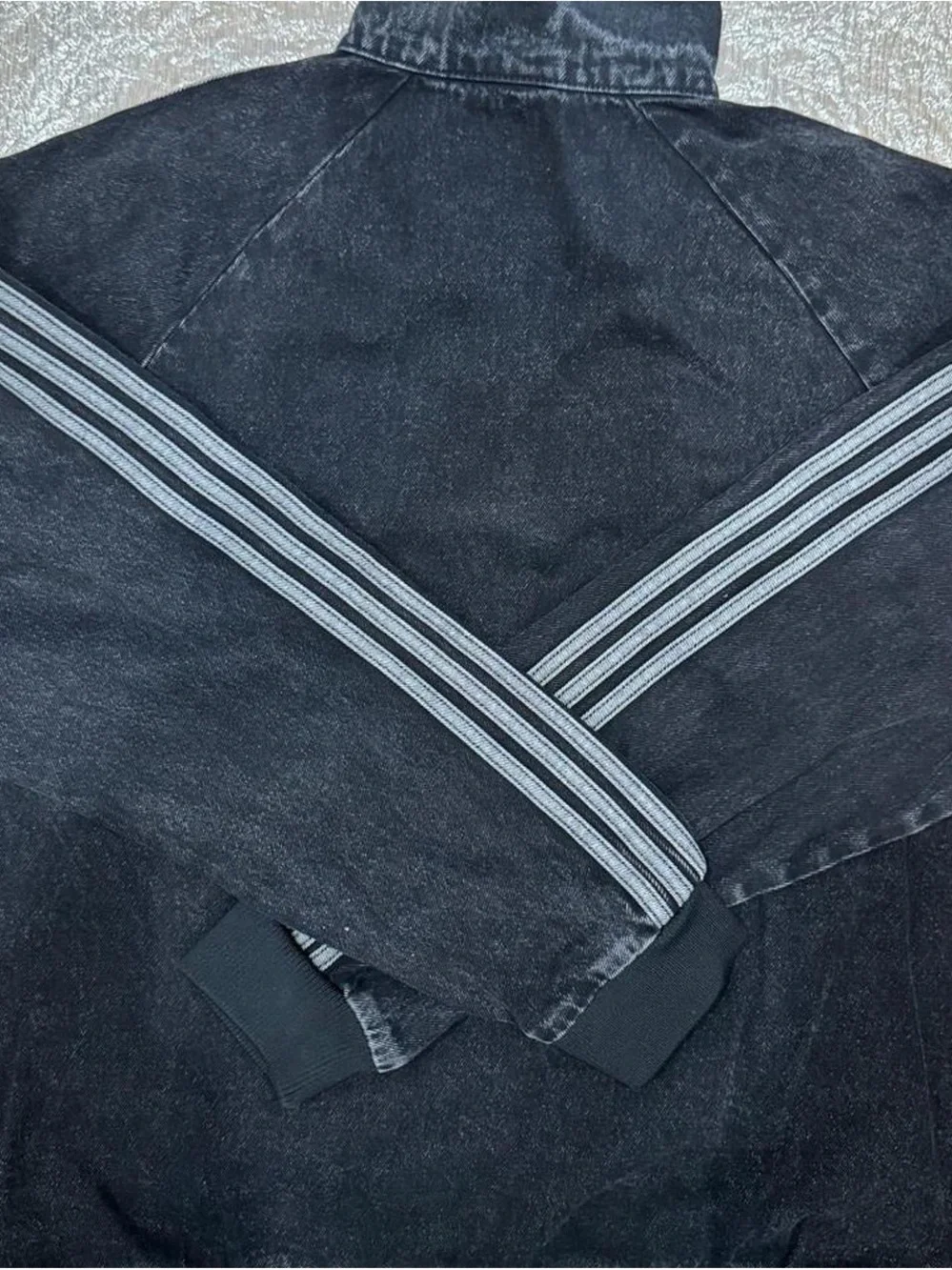 Brand New adidas Japan Black Washed Denim-Look Track Jacket with Gray Stripes