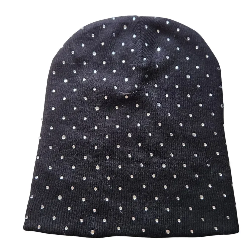 Black Beanie with Rhinestones Embellished Beanie One Size
