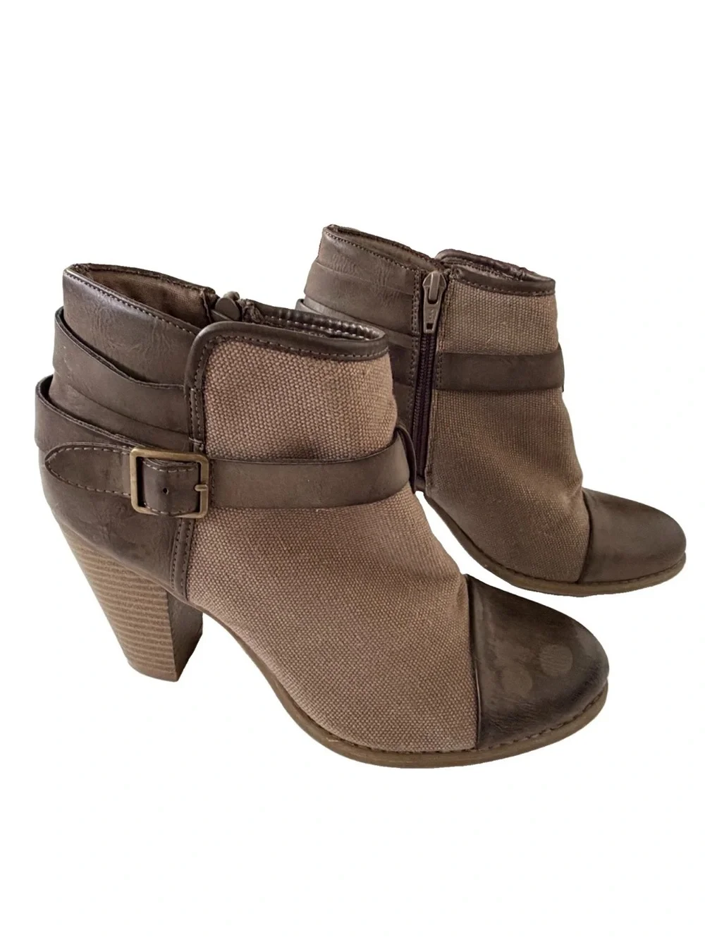 LC Lauren Conrad Farren Canvas & Leather Booties Taupe & Brown w/Buckle Size 8.5