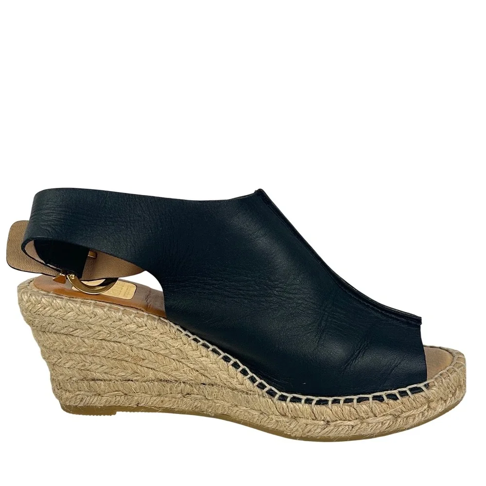 Kanna Black Leather Espadrille Wedge Sandals Gold Buckle Made in Spain Size 37