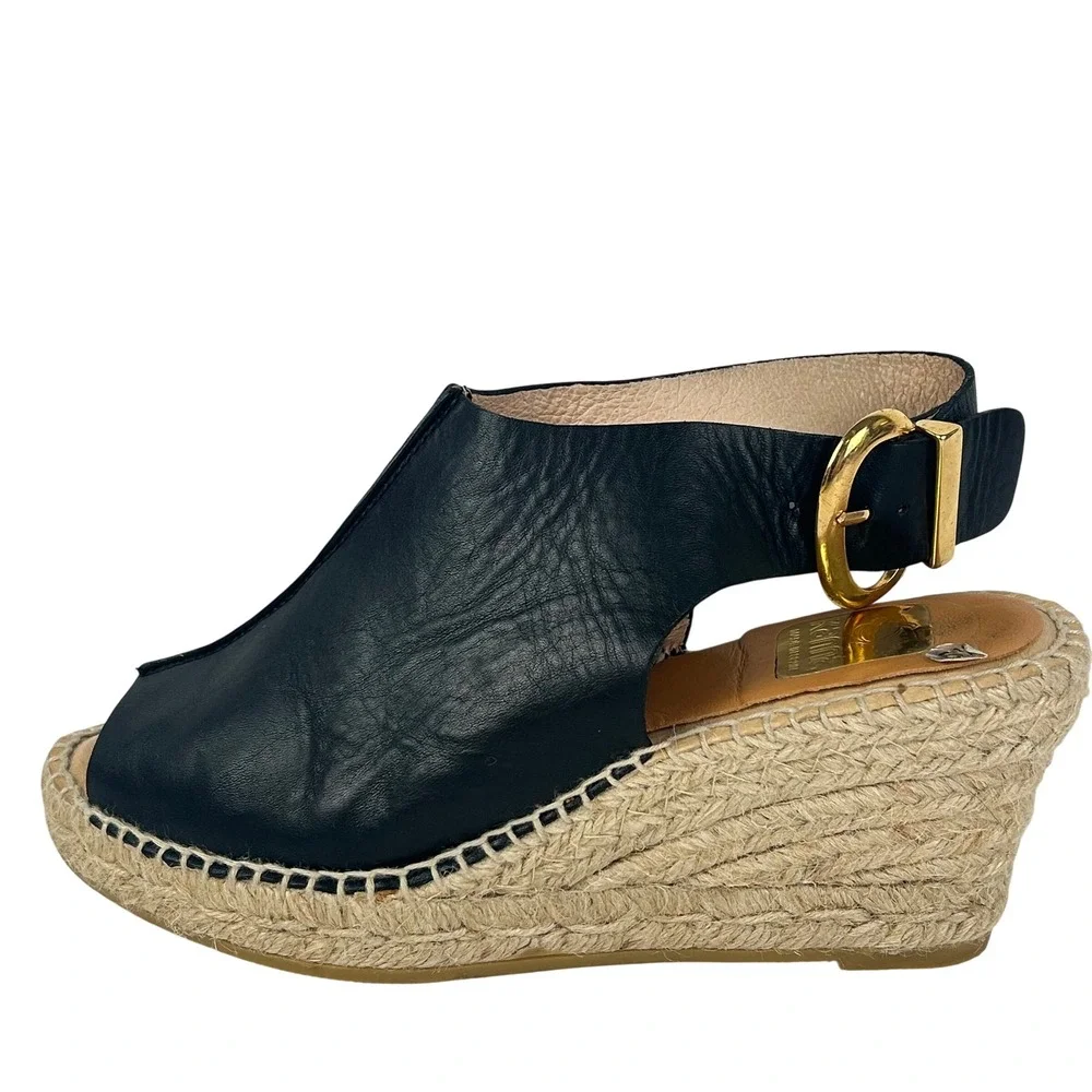 Kanna Black Leather Espadrille Wedge Sandals Gold Buckle Made in Spain Size 37