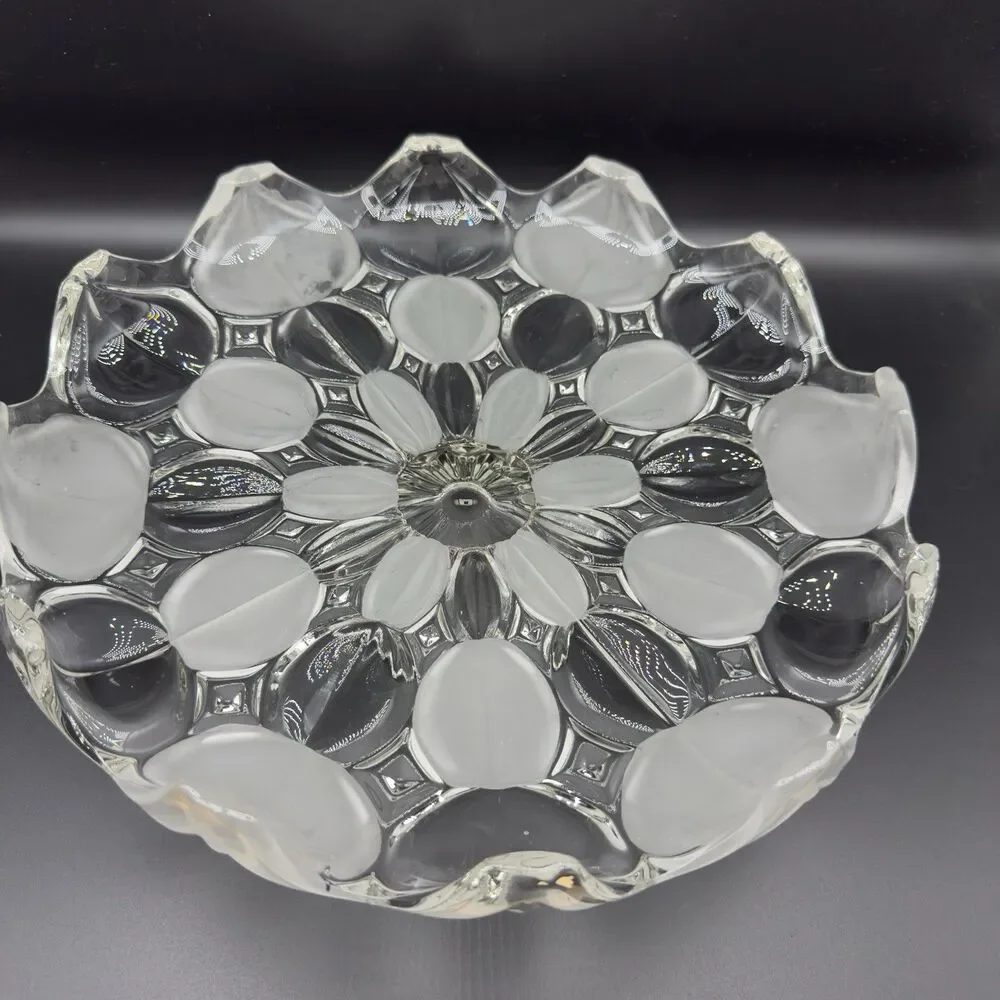 Vintage Bohemian Czech Crystal Cake Stand Frosted Clear Petal Pedestal Plate 12