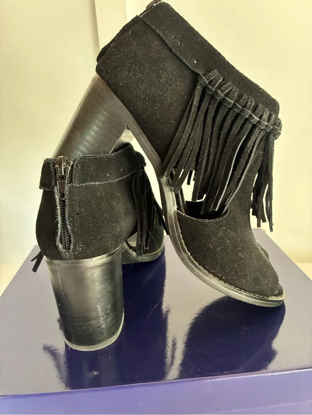 Sbicca black Fringe Peep-Toe Women’s Ankle Boots