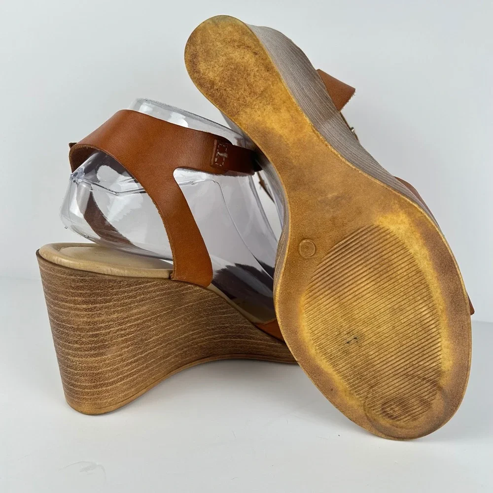 Barbara Barbieri Italian Cognac Leather Wedge Sandals Ankle Strap Brown Size 40