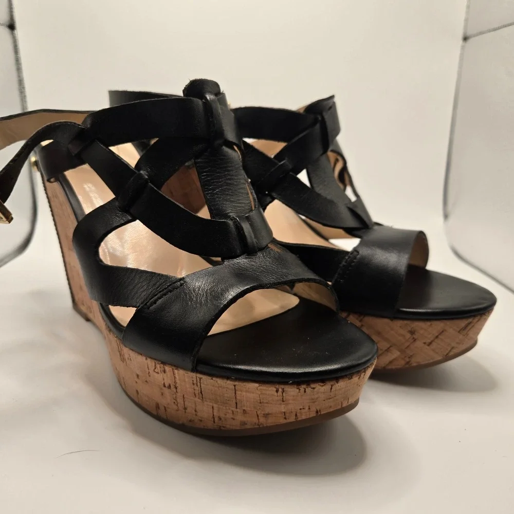 Guess Wedge Sandals Womens 8.5 Black  Leather Cork Strappy Platform (S11)