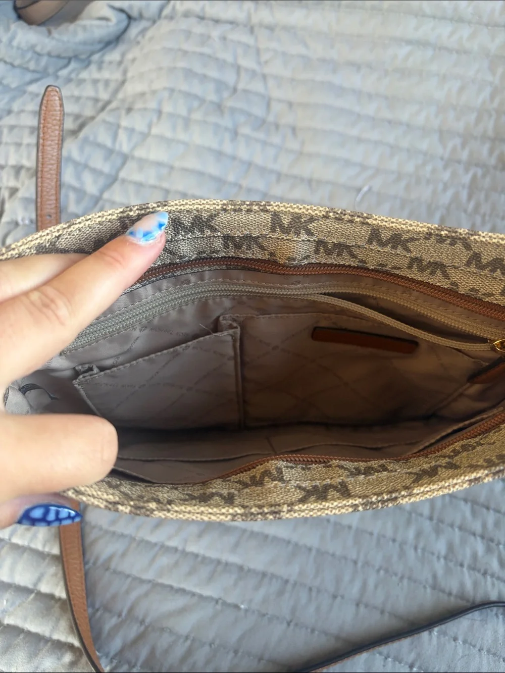 Michael Kors Beige MK Monogram Crossbody with Brown Strap