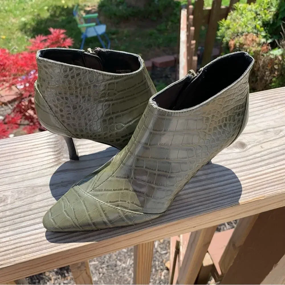 Zara Green Faux Leather Python Snake Print Heeled Booties