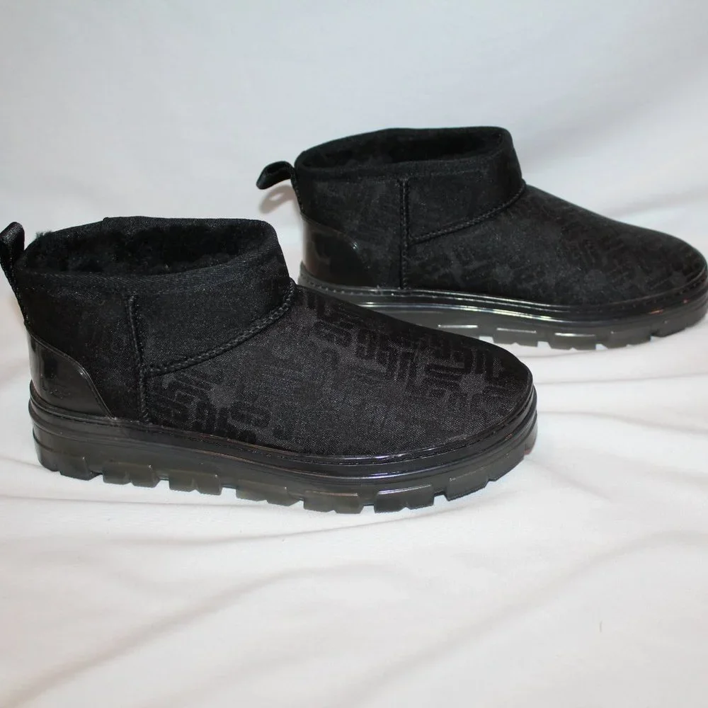 NEW‎ UGG WOMEN'S ULTRA MINI ALL OVER LOGO PLATFORM ANKLE BOOTS BLACK
