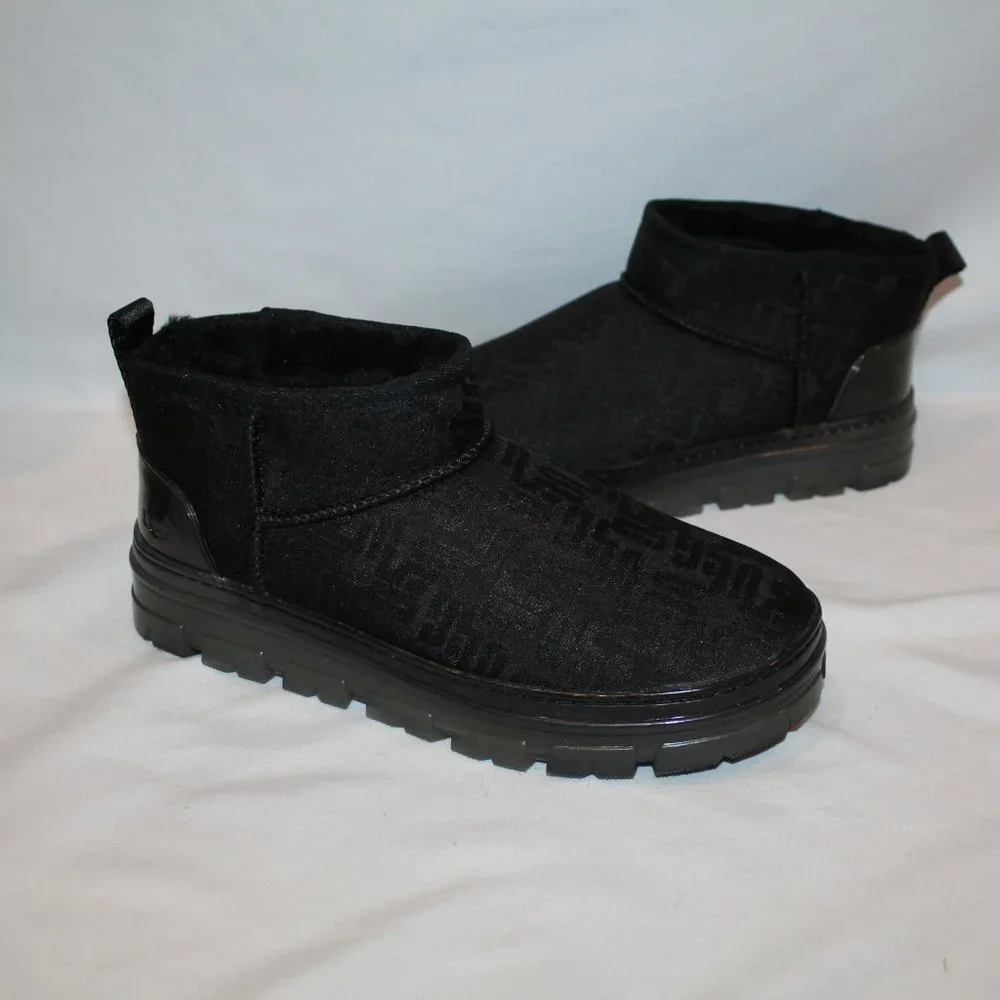 NEW‎ UGG WOMEN'S ULTRA MINI ALL OVER LOGO PLATFORM ANKLE BOOTS BLACK