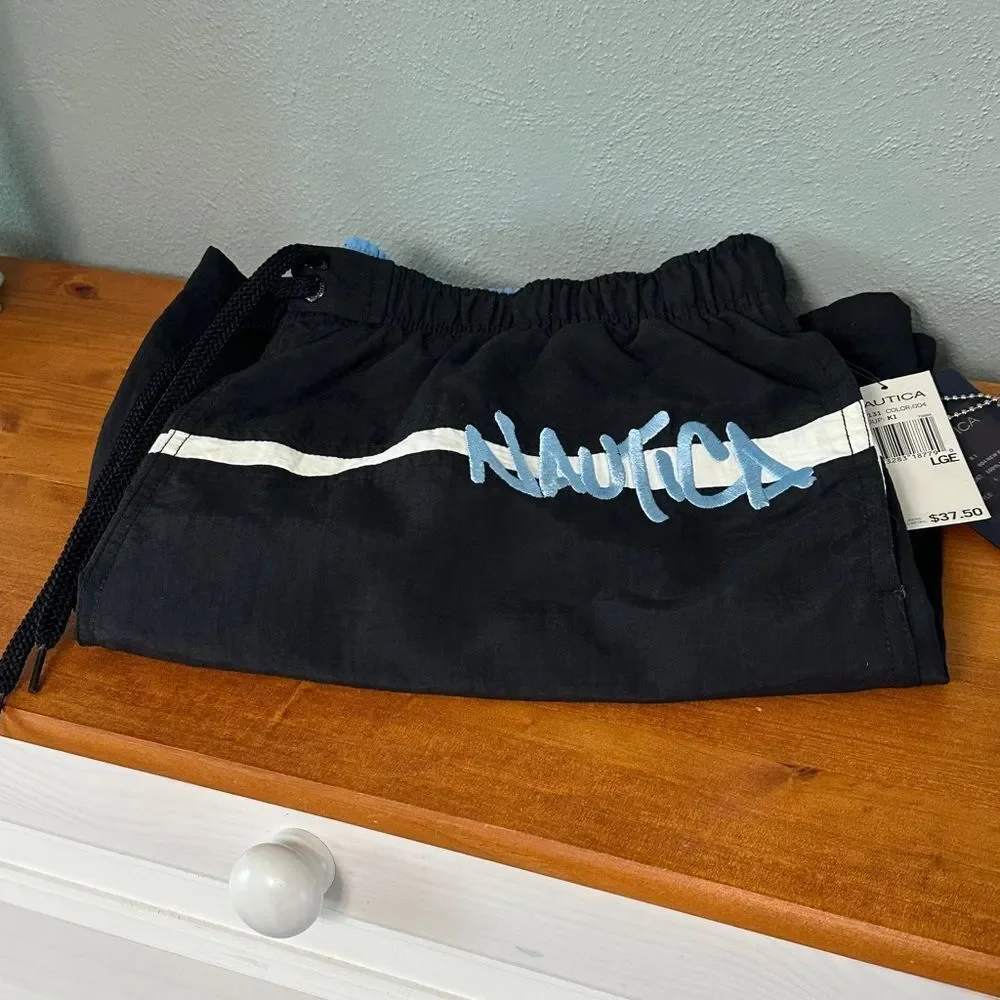 NEW Nautical Men Swim Trunks Black white Stripe Blue Embroidered Nautica Pockets